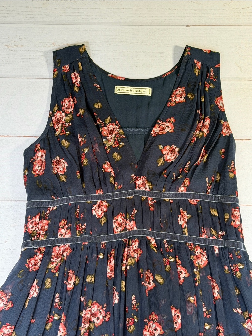 Abercrombie & Fitch Y2K 2000’s Navy Floral Velvet Trim Midi Dress L - Picture 2 of 11